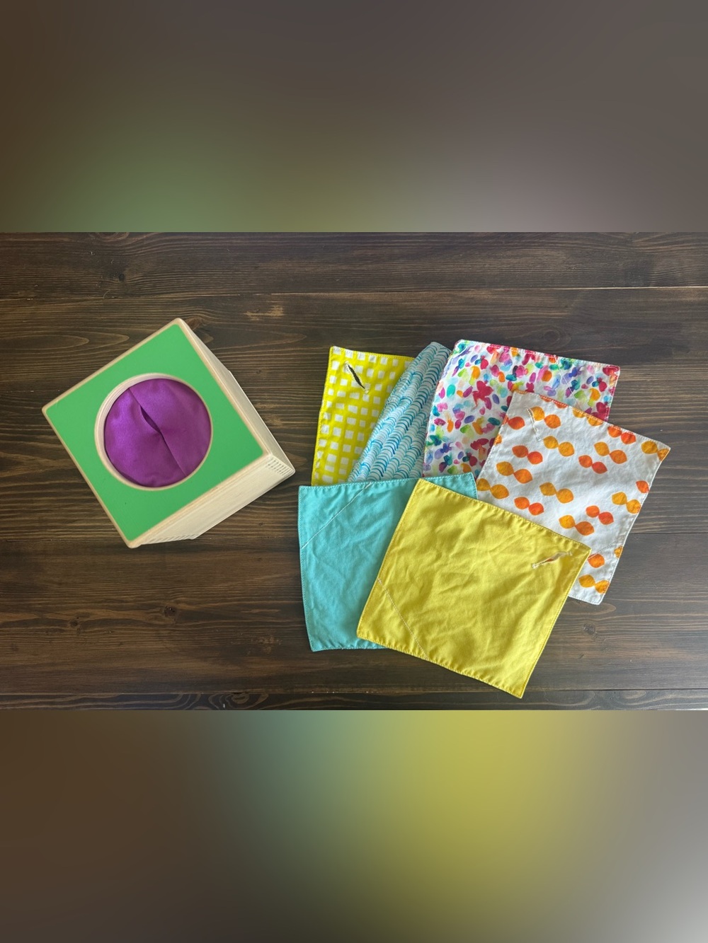 Lovevery Montessori Wooden Magic Tissue Box with 6 Colorful Cloth Squares